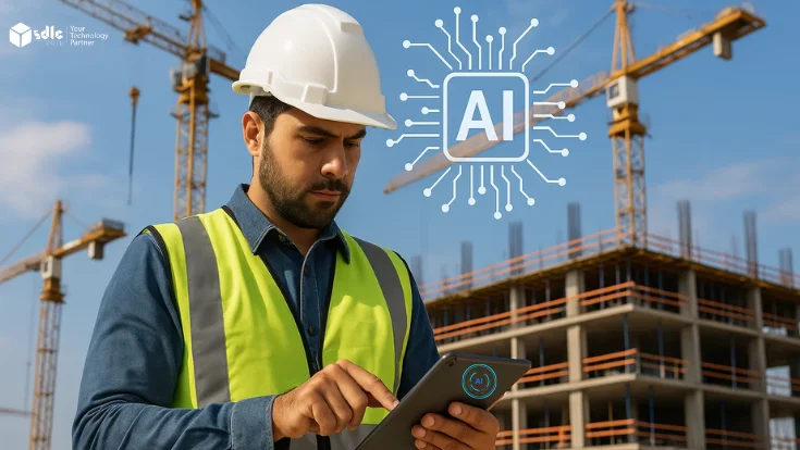 AI in construction—workers on site with cranes and scaffolding