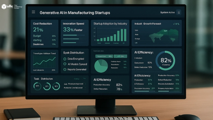 Professional dashboard on monitor showing Generative AI in manufacturing startups with KPIs and adoption charts