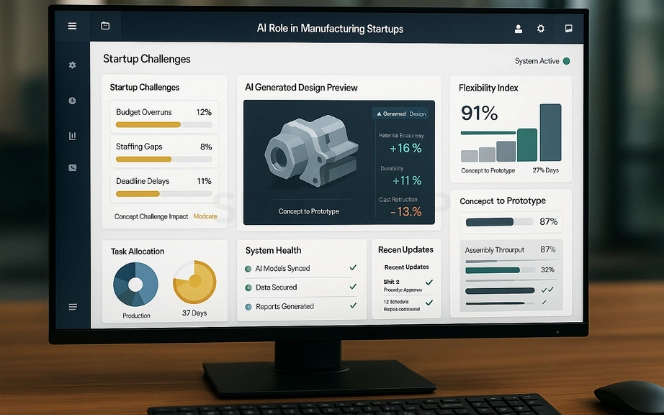 The Role of Generative AI in Manufacturing Startups AI-powered manufacturing dashboard with smart factory and efficiency metrics