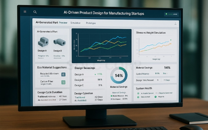 Innovation Through Product Design AI-driven product design dashboard with 3D parts and performance metrics