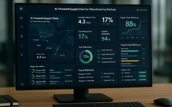 Supply Chain Optimization with AI AI-powered supply chain dashboard with logistics map and efficiency KPIs