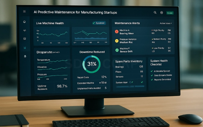 Predictive Maintenance with Generative AI Predictive maintenance dashboard with machine health graphs and alerts