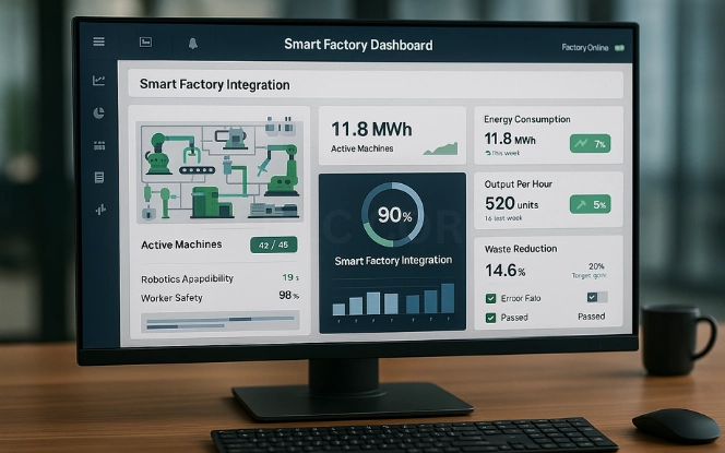 Building Smart Factories with AI Integration Smart factory dashboard showing AI-monitored machines and efficiency KPIs