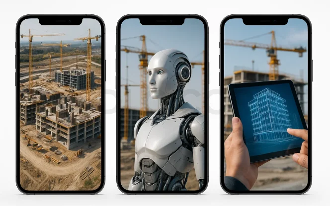 Mobile UI screens showing Benefits of AI Construction Technology