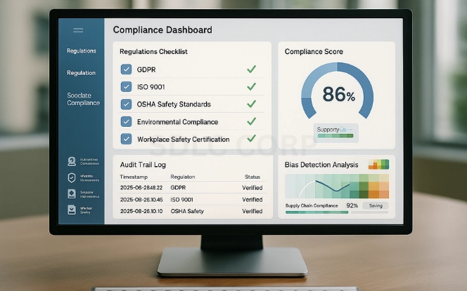 Ethical and Regulatory Considerations Compliance dashboard with regulatory checklist, audit logs, and bias detection metrics
