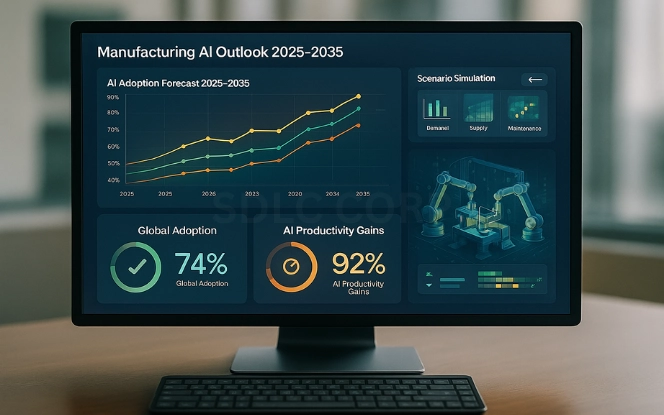 The Future of Generative AI in Manufacturing Startups Futuristic AI dashboard with adoption forecasts, smart factory visualization, and performance KPIs