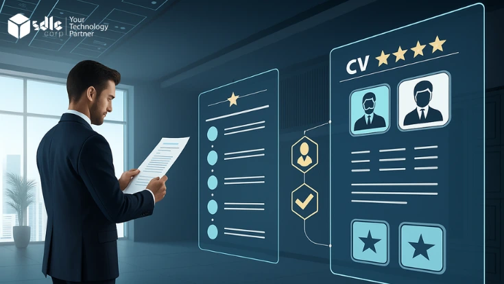HR professionals reviewing an AI-powered recruitment dashboard on a computer screen, with a tablet showing an onboarding checklist and a mobile phone displaying an HR chatbot, in a modern office setting.