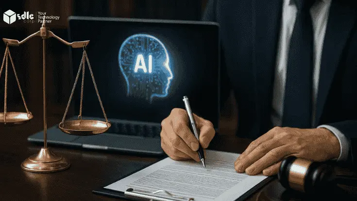 AI for Legal Industry banner showing scales of justice, gavel, law book, and laptop with AI hologram graphics in a modern office.