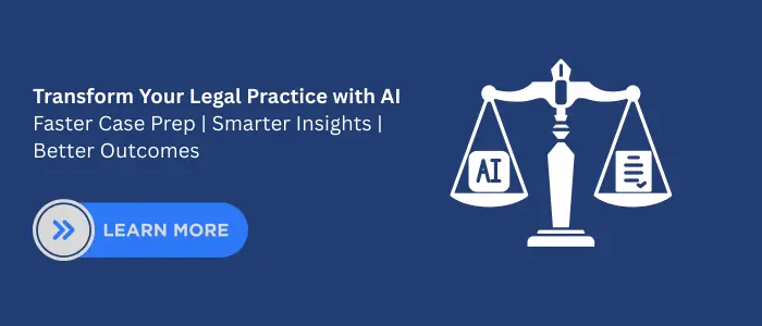 AI for Legal Industry call-to-action banner showing scales of justice with AI icon and legal document, highlighting faster case prep and smarter insights.