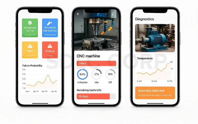 Mobile UI screens showing AI in Predictive Maintenance: Extending Equipment Life