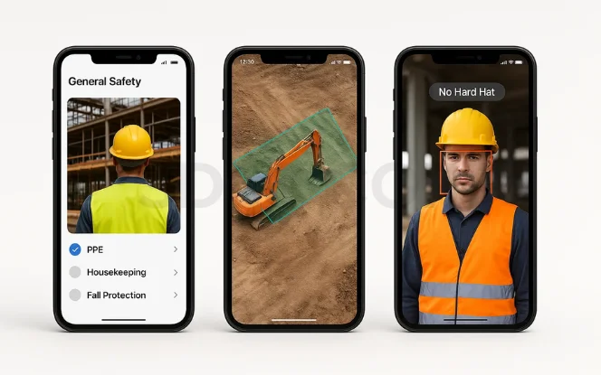 AI camera detecting missing PPE and hazards on a construction site