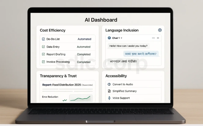 Generative AI nonprofit dashboard with cost efficiency, multilingual chat support, transparent reporting, and accessibility features.