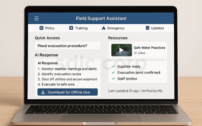 AI field support assistant dashboard showing flood evacuation steps, offline download option, resources, and emergency readiness checklist.