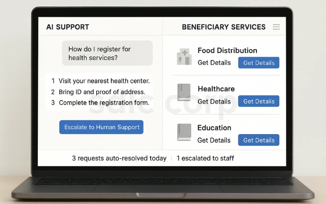 AI dashboard with health registration steps, escalation option, and beneficiary services for food, healthcare, and education.