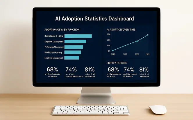 A desktop computer screen showing an AI adoption statistics dashboard for HR, including colorful bar charts, trend lines, and survey percentages. Minimalist office background, focus on the screen.