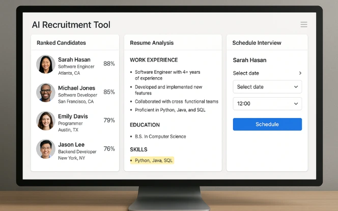 A desktop monitor displaying an AI recruitment tool with candidate profiles ranked, resume keyword highlights, and an interview scheduling panel. Realistic HR software interface, clean office desk background.