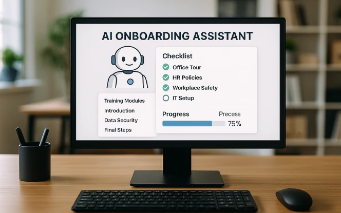 A desktop screen showing an AI onboarding assistant dashboard with a digital checklist, training modules, and progress tracking graphs. Realistic workplace setting, focus entirely on the screen.