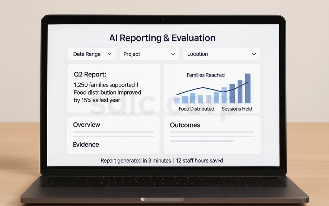 AI reporting and evaluation dashboard showing Q2 impact report, family support metrics, and automated outcome analysis