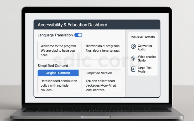 AI accessibility and education dashboard with language translation, simplified content, and inclusive formats like audio, voice guide, and large text.