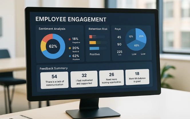 A desktop computer monitor displaying an employee engagement analytics dashboard with sentiment analysis charts, retention risk predictions, and feedback summaries. Bright, professional office-style environment, no people.