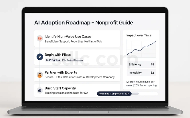 AI adoption roadmap dashboard for nonprofits showing use cases, pilot projects, expert partnerships, staff training, and impact metrics.