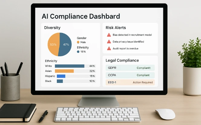 A desktop monitor showing an AI compliance dashboard with diversity tracking, real-time risk alerts, and legal compliance status indicators. Modern workspace background, emphasis on the computer screen