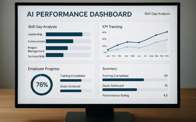 A desktop computer screen displaying an AI-powered performance dashboard with KPI tracking, skill gap analysis, and employee progress graphs. Clean, realistic HR software interface.