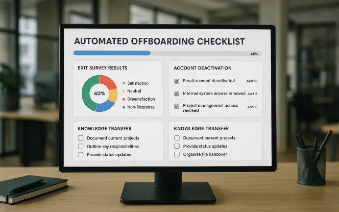 A desktop monitor showing an automated offboarding checklist dashboard with exit survey results, account deactivation notifications, and knowledge transfer tasks. No humans, realistic professional setting.