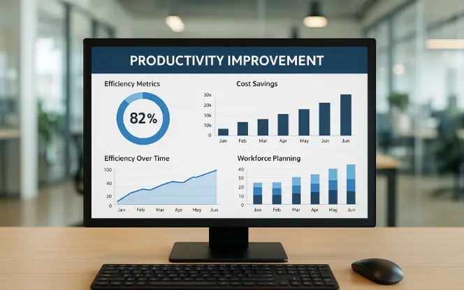 A desktop computer screen displaying a productivity improvement dashboard with efficiency metrics, workforce planning charts, and cost savings analytics. Bright modern office desk background, sharp focus on the screen.