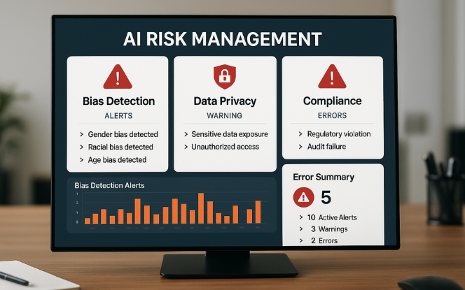 A desktop monitor showing an AI risk management dashboard with bias detection alerts, data privacy warnings, and compliance error flags. Professional office desk background, realistic lighting.