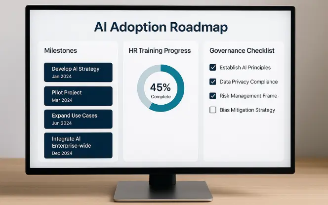 A desktop screen showing an AI adoption roadmap dashboard with milestones, HR training progress, and governance checklist indicators. Clean software interface, realistic desktop setting.