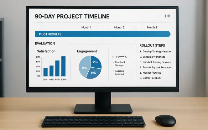 A desktop monitor displaying a 90-day project timeline dashboard with pilot testing results, evaluation charts, and rollout phases. Minimalist professional HR office style.