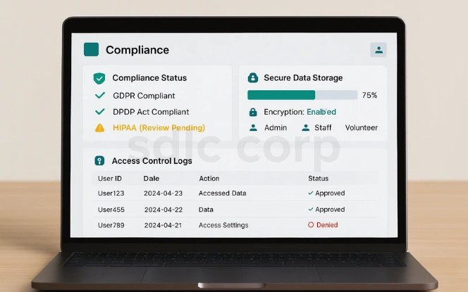 AI compliance dashboard showing GDPR and DPDP compliance, HIPAA review status, secure data storage, encryption, and access control logs.