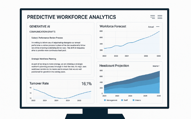 A desktop computer screen showing a predictive workforce analytics dashboard with generative AI communication drafts and long-term HR strategy graphs. Realistic futuristic HR software interface, sharp detail.