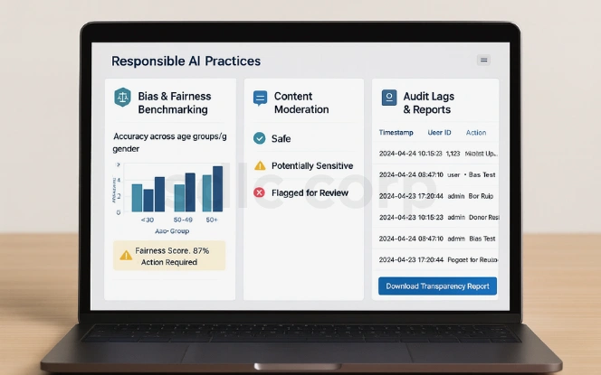 Responsible AI practices dashboard showing bias benchmarking, content moderation status, and audit logs with transparency reports.