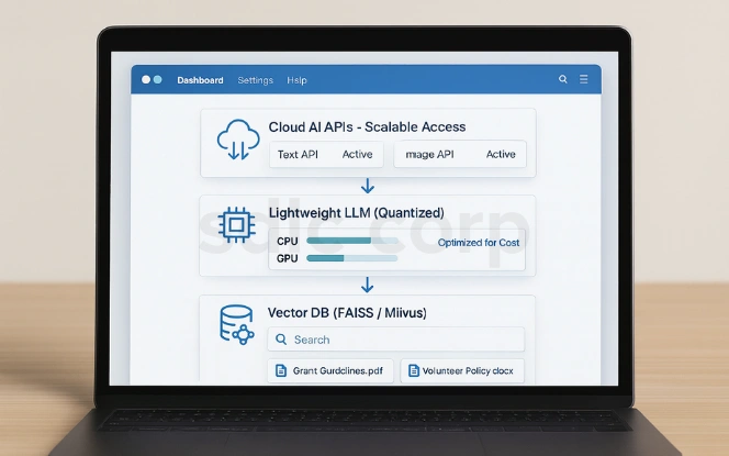 AI technology stack dashboard showing cloud AI APIs, lightweight quantized LLM, and vector databases like FAISS and Milvus.