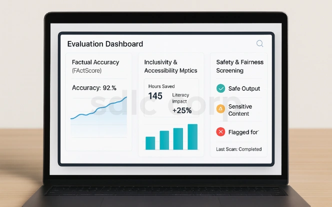 AI evaluation dashboard showing factual accuracy, inclusivity and accessibility metrics, and safety and fairness screening results.