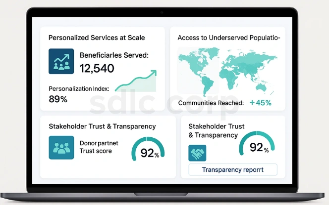 AI impact dashboard showing beneficiaries served, access to underserved populations, and stakeholder trust and transparency metrics.