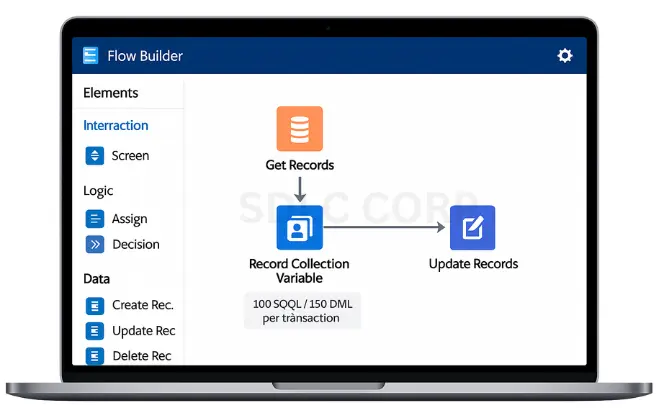 Salesforce Flow Builder showing Get Records, Record Collection Variable, and Update Records with limits.