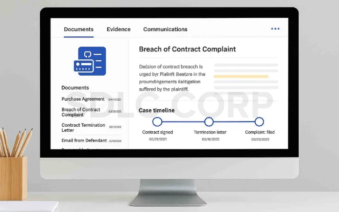 Desktop monitor displaying an AI-powered contract dispute analysis dashboard with breach of contract details, documents, and a case timeline.