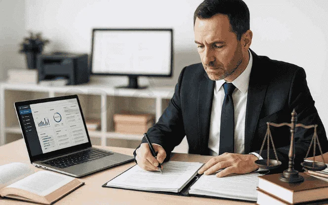 Male lawyer reviewing and signing a contract at his desk while a laptop displays an AI legal dashboard, with scales of justice and law books nearby.