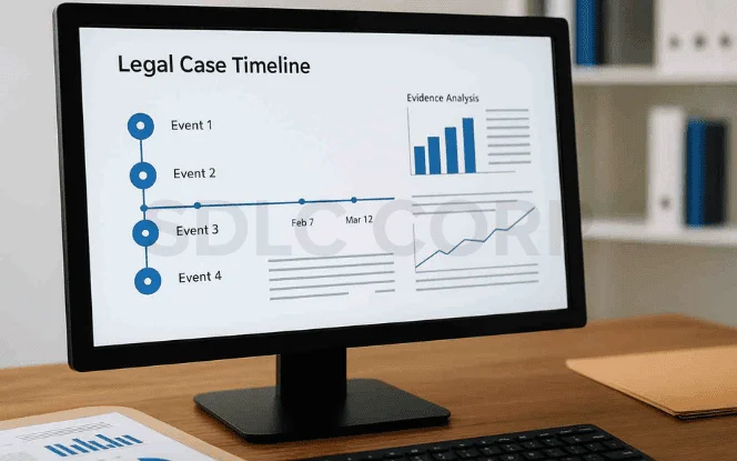Desktop screen displaying a legal case timeline with chronological events, evidence analysis charts, and progress graphs in a modern legal dashboard.