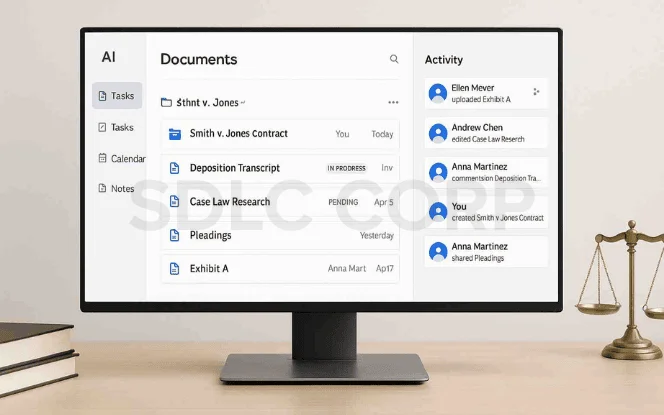 Computer monitor showing an AI-powered collaborative litigation workspace with shared case documents, team activity, and task management panels.