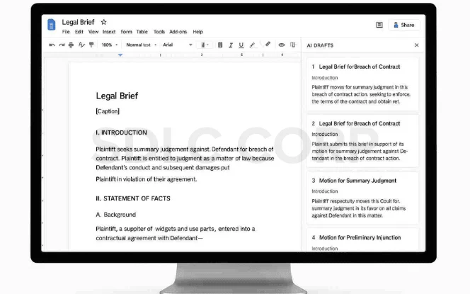 Desktop screen showing a legal brief drafting document with AI-assisted suggestions, case law references, and motion drafts in a clean interface.