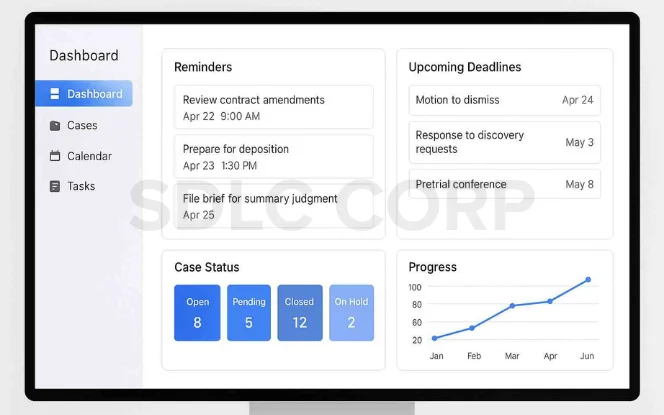 Monitor displaying a legal case management dashboard with reminders, deadlines, case status, and progress charts in a modern law office.