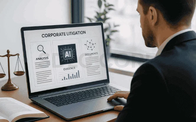 MLawyer using a laptop with an AI corporate litigation dashboard displaying case analysis, evidence, and document connections with justice scales on the desk.
