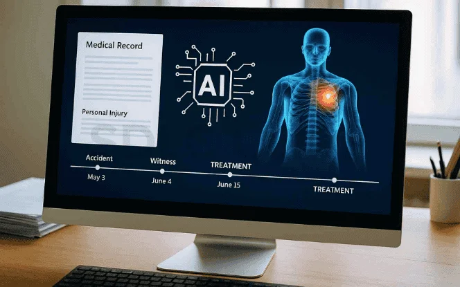 Computer monitor showing AI medical record analysis for personal injury law with highlighted injury patterns, treatment timeline, and medical graphics

