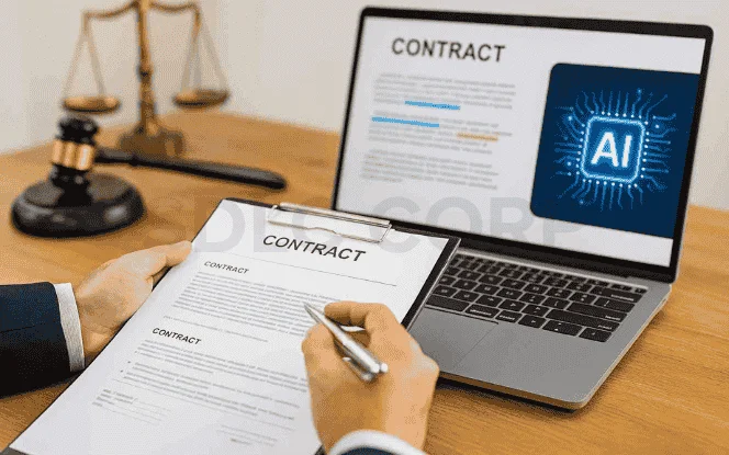 Lawyer reviewing a printed contract while a laptop displays an AI contract analysis dashboard with highlighted clauses and legal document icons.
