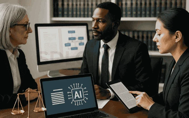 Group of legal professionals working with laptops and tablets showing AI-powered legal dashboards in a law office with scales of justice on the desk.