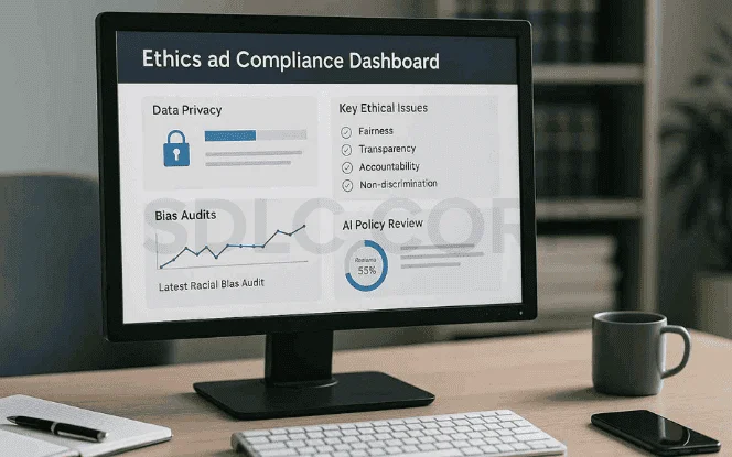 Computer screen displaying an AI ethics and compliance dashboard with data privacy, bias audits, key ethical issues, and AI policy review metrics.